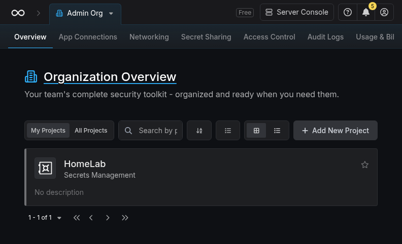 A cleaner Infisical overview after the initial instance banners were dismissed