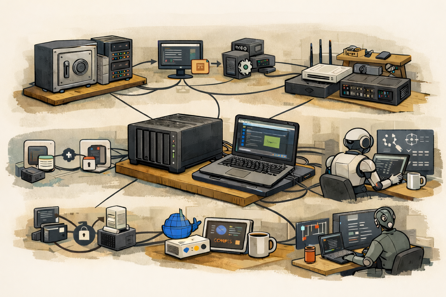 One HomeLab seen from several sides at once: secrets, GitOps, local infrastructure, tooling, and AI workflows all pulling on the same setup